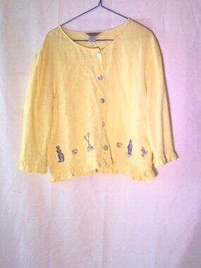 Stonebridge Linen Blend Yellow Embroidered Blouse Cottegecore Button Front